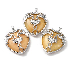 Yellow Jade Natural Yellow Jade Heart Pendant Rhinestone Settings, Rack Plating Platinum Plated Brass Wings Charms, Long-Lasting Plated, Fit for 3mm Rhinestone, 37x33x10~11.5mm, Hole: 8x5mm