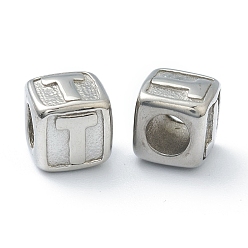 Letter T 304 Stainless Steel European Beads, Large Hole Beads, Horizontal Hole, Cube with Letter, Stainless Steel Color, Letter.T, 8x8x8mm, Hole: 4mm