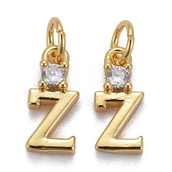 Letter Z Brass Micro Pave Clear Cubic Zirconia Pendants, with Jump Rings, Real 18K Gold Plated, Long-Lasting Plated, Letter, Letter.Z, 9.5x4x2.5mm