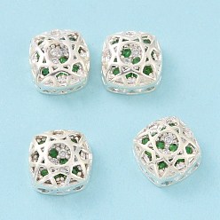 Sea Green Eco-friendly Brass Cubic Zirconia Multi-Strand Links, Cadmium Free & Lead Free, Square, Silver Color Plated, Sea Green, 8x8x5mm, Hole: 1.2mm