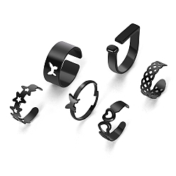 Electrophoresis Black 6Pcs 6 Style Butterfly & Heart & Star & Rectangle Alloy Open Cuff Finger Rings Set, Stackable Rings for Women, Electrophoresis Black, US Size 8(18.1mm), 1Pc/style