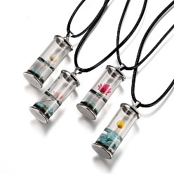 Mixed Color Glass Wishing Bottle Leather Cord Pendant Necklaces, with Dried Flower & Natural Gemstone Chip Beads Inside, Platinum, Mixed Color, 17-3/8 inch(44.05cm)