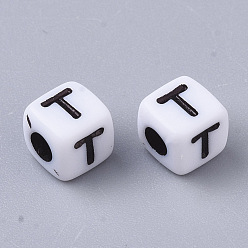 Letter T White Opaque Acrylic Beads, Horizontal Hole, Cube with Black Alphabet, Letter.T, 4~5x4~5x4~5mm, Hole: 1.8mm, about 6470~6500pcs/500g