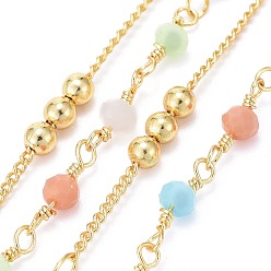 Colorful Handmade Brass Curb Chains, with Faceted Glass Links, Brass Beads and Spool, Soldered, Long-Lasting Plated, Real 18K Gold Plated, Colorful, 1.7x1.3x0.4mm, Beads: 3.5x2.5~3mm and 3mm, about 32.8 Feet(10m)/roll