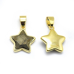 Pyrite Natural Pyrite Pendants, with Golden Tone Brass Findings, Star, Faceted, 16x14x5mm, Hole: 3.5x5.5mm