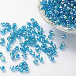 Bleu Ciel Perles acryliques transparentes écologiques plaquées couleur bicône ab, bleu ciel, 4x4mm, Trou: 1mm, environ16600 pcs / 500 g