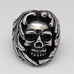 Antique Silver Unique Retro Halloween Jewelry Skull Rings for Men, 304 Stainless Steel Wide Rings, Antique Silver, 17~23mm