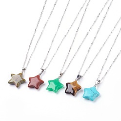 Mixed Stone Natural & Synthetic Gemstone Pendant Necklaces, with Brass Chains, Star, 17.3 inch(44cm), 1.5mm