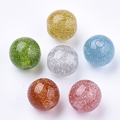 Mixed Color Resin Beads, with Glitter Powder, Round, Mixed Color, 16mm, Hole: 3mm