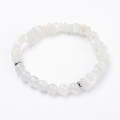 White Moonstone Bracelets en perles de pierre de lune blanches naturelles, avec 304 billes en acier inoxydable, Emballage en toile de jute, couleur inox, 2 pouces (52 mm)