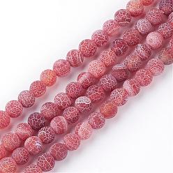 Rouge Indien Brins de perles d'agate craquelée de feu naturel, givré, teint, ronde, rouge indien, 6mm, Trou: 1.5mm, Environ 63 pcs/chapelet, 15.7 pouce