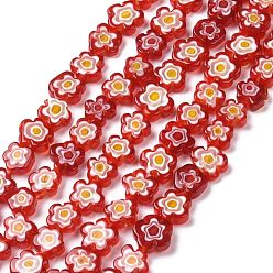 Roja Hilos de perlas de vidrio millefiori artesanal, flor, rojo, 10~12x2.6 mm, agujero: 1 mm, sobre 42 unidades / cadena, 15.75'' (40 cm)