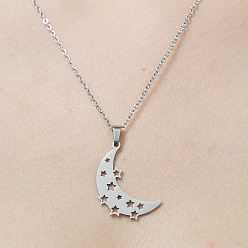 Stainless Steel Color 201 Stainless Steel Hollow Moon & Star Pendant Necklace, Stainless Steel Color, 17.72 inch(45cm)