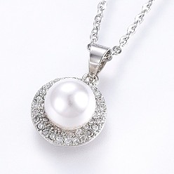 Stainless Steel Color 304 Stainless Steel Pendant Necklaces, with Cubic Zirconia and Acrylic Imitation Pearl, Flat Round, Stainless Steel Color, 17.71 inch(45cm), Pendant: 18x12x8.5mm