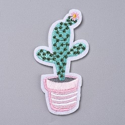 Green Computerized Embroidery Cloth Iron on/Sew on Patches, Costume Accessories, Appliques, for Backpacks, Clothes, Cactus, Green, 80x39x1.5mm