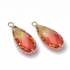 Red K9 Glass Imitation Tourmaline Pendants, with Golden Tone Brass Findings, Faceted, Teardrop, Red, 24x10.5x6mm, Hole: 1.5~2mm
