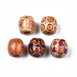 Mixed Color Printed Natural Wood Beads, Large Hole Beads, Barrel with Mixed Patterns, Mixed Color, 18x17mm, Hole: 7mm, about 310pcs/500g