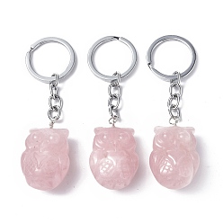 Quartz Rose Porte-clés pendentif quartz rose naturel, avec des découvertes de porte-clés en fer, chouette, 8 cm