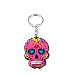 Hot Pink Plastic Pendant Keychain, with Iron Key Rings, Skull, Hot Pink, Pendant: 5.7x4cm