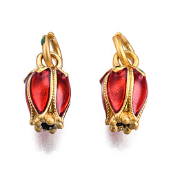 Red Alloy Enamel Charms, with Jump Rings, Matte Style, Cadmium Free & Lead Free, Tulip, Matte Gold Color, Red, 12x6x6mm, Jump Ring: 6x1mm, Inner Diameter: 4mm