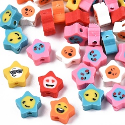 Mixed Color Handmade Polymer Clay Beads, Star with Expression, Mixed Color, 9~10x9.5~10x4.5mm, Hole: 1.6mm