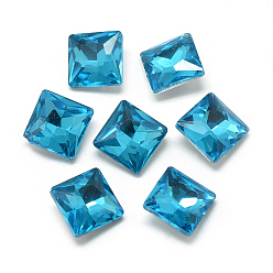 Deep Sky Blue Pointed Back Glass Rhinestone Cabochons, Back Plated, Faceted, Square, Deep Sky Blue, 14x14x5.5mm