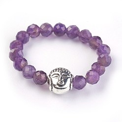 Amethyst Natural Amethyst Stretch Rings, with Alloy Buddha Beads, Faceted, Round, Antique Silver, Size 8, 18mm