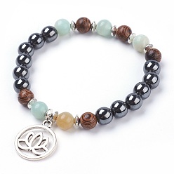 Amazonite Tibetan Style Filigree Alloy Charm Bracelets, with Natural Amazonite Beads, Non-Magnetic Synthetic Hematite Beads and Wood Beads, 2-1/8 inch(5.3cm)