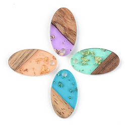 Mixed Color Transparent Resin & Walnut Wood Pendants, with Gold Foil, Oval, Mixed Color, 20x11x3mm, Hole: 2mm