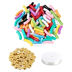 Mixed Color DIY Jewelry Making Kits, Including Curved Tube Opaque Acrylic Beads, Brass Spacer Beads, Elastic Crystal Thread, Mixed Color, Tube Beads: 100pcs/set