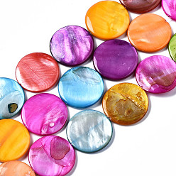 Couleur Mélangete Eau douce naturelle de coquillage perles brins, teint, plat rond, couleur mixte, 25x25x3mm, Trou: 1mm, Environ 16 pcs/chapelet, 15.20~15.55 pouce (38.6~39.5 cm)