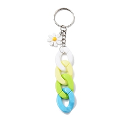 Colorful Acrylic Curb Chain Keychain, with Resin Daisy Charm and Iron Keychain Ring, Colorful, 12.8~13cm