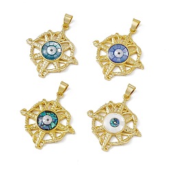 Mixed Color Natural Shell Pendants, Flat Round Charms with Evil Eye, Dyed, with Rack Plating Golden Tone Brass Findings, Long-Lasting Plated, Mixed Color, 33x30x4mm, Hole: 6x4mm