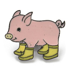 Amarillo Cerdo con botas de lluvia alfileres de esmalte, broches de aleación en tono platino, amarillo, 23.5x28x2 mm