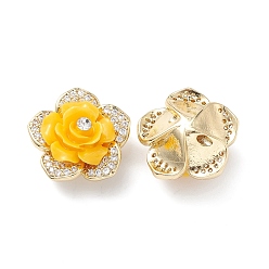 Gold Brass Micro Pave Cubic Zirconia Beads, with Grade A Rhinestone & Resin, Lead Free & Cadmium Free, Long-Lasting Plated, Real 18K Gold Plated, Flower, Gold, 18x11mm, Hole: 1mm