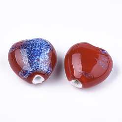Rouge Foncé Perles en porcelaine manuelles, fantaisie porcelaine émaillée antique, cœur, rouge foncé, 14~15x16x9~10mm, Trou: 2mm