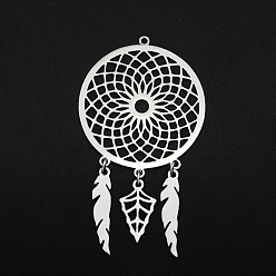 Stainless Steel Color 201 Stainless Steel Big Pendants, Laser Cut, Woven Net/Web with Feather, Stainless Steel Color, 64x35x1mm, Hole: 1.6mm