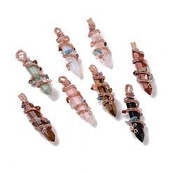 Mixed Stone Natural & Synthetic Gemstone Pointed Big Pendants, with Rose Gold Plated Rack Plating Brass Findings and Mixed Stone Chip Beads, Cadmium Free & Lead Free, Faceted, Bullet Charm, Mixed Dyed and Undyed, 64~68x16~17x16~17mm, Hole: 7.5mm