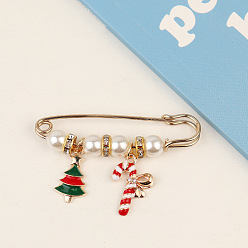 Christmas Tree Alloy Enamel Charm Safety Pin Brooches, Imitation Pearl Waist Pants Extender for Women, Golden, Christmas Tree Pattern, 57mm