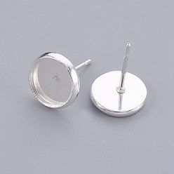 Silver 304 Stainless Steel Stud Earring Findings, Flat Round, Silver Color Plated, Tray: 8mm, 10x2mm, Pin: 0.8mm