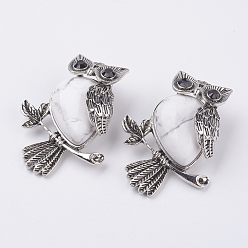 Howlite Natural Howlite Pendants, with Alloy Finding, Owl, Antique Silver, 46.5x35.5x11.5mm, Hole: 6x8.5mm