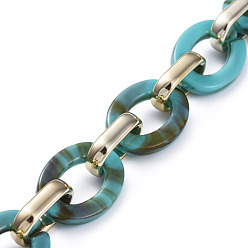 Turquoise Foncé Chaînes de câble en plastique ccb faites à la main, avec anneaux de liaison en acrylique, or, turquoise foncé, liens: 24.2x18.2x4 mm et 19x12x4.7 mm, 39.37 pouce (1 m)/brin