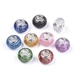 Mixed Color Epoxy Resin European Beads, Large Hole Beads, with Glitter Powder and Platinum Tone Brass Double Cores, Rondelle, Mixed Color, 14x9mm, Hole: 5mm