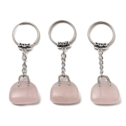 Quartz Rose Porte-clés pendentif de sac en quartz rose naturel, avec les accessoires en laiton de tonalité de platine, pour sac bijoux cadeau décoration, 7.4 cm