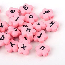 Pink Perles de lettre de trou horizontal de fleur acrylique opaque, lettres mixtes aléatoires, rose, 11x11x4mm, Trou: 2mm, environ1300 pcs / 500 g