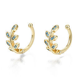 Light Sky Blue Brass Micro Pave Cubic Zirconia Cuff Earrings, Cadmium Free & Nickel Free & Lead Free, Leaf, Real 16K Gold Plated, Light Sky Blue, 1~8mm, Inner Diameter: 11mm