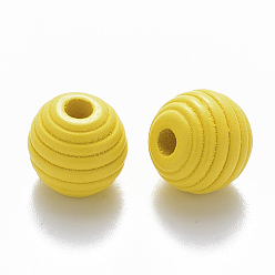 Yellow Painted Natural Wood Beehive Beads, Round, Yellow, 12x11mm, Hole: 3.5mm
