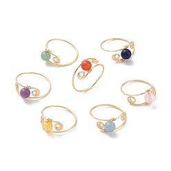 Mixed Stone 7Pcs Round Natural & Synthetic Mixed Stone Braided Bead Finger Rings, Light Gold Tone Copper Wire Wrapped Jewelry for Women, 1~9mm, Inner Diameter: 20mm