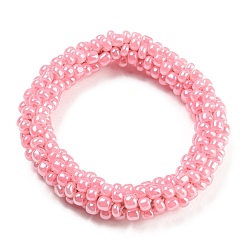 Pink Pulsera elástica trenzada con perlas de vidrio de ganchillo, pulsera nepel estilo boho, rosa, diámetro interior: 1-3/4 pulgada (4.5 cm)