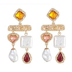 Gold Imitating Pearl & Glass Heart & Teardrop Chandelier Earrings, Golden Alloy Jewelry, Gold, 65x28mm, Pin: 0.65mm